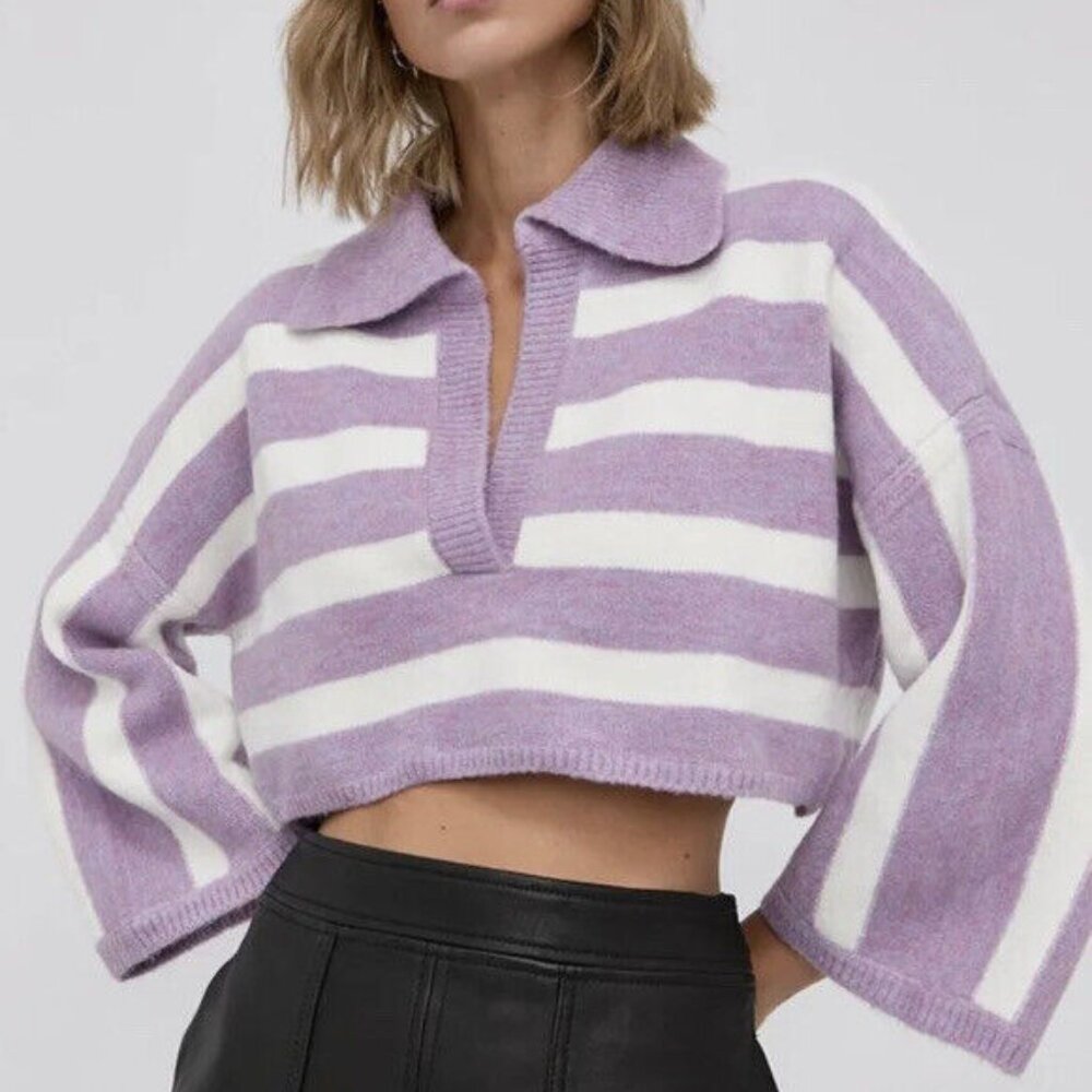For Love & Lemons Maude Lilac Stripe Boxy Crop Sweater - Size M 💜 (NWOT)